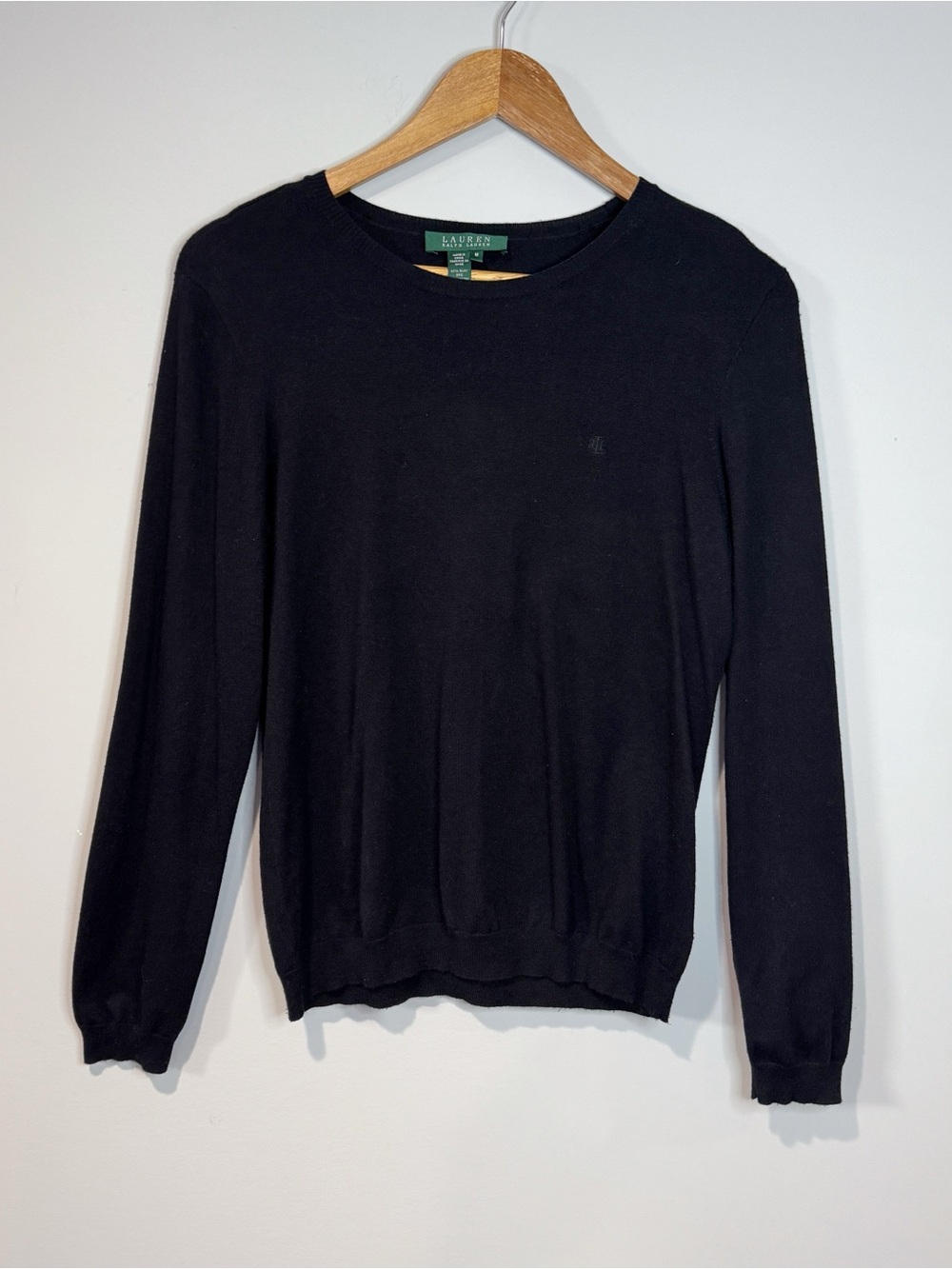 Lauren Ralph Lauren Women’s Black Crewneck Sweater Silk Blend Embroidered Logo M